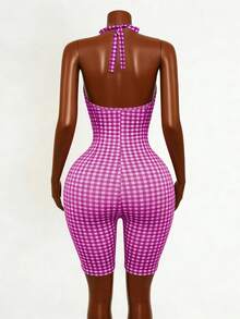 Mistrie Bộ jumpsuit ôm sát hở lưng cổ yếm kẻ caro dành cho nữ, thích hợp cho mùa hè. - Nhiều màu - Xem 3
