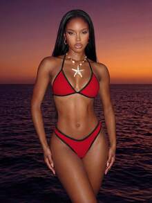 Vaytide 两件式撞色边饰比基尼，适合度假和夏季海滩 - 紅色 - 查看 1