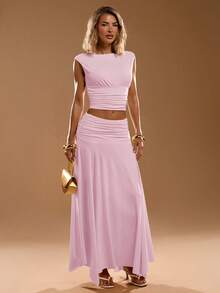 SHEIN BAE Conjunto de 2 piezas de top que ciñe la cintura y falda larga de unicolor para mujer - Rosa coral - Ver 3