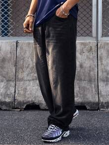 1件 Justice Brother 复古水洗宽松阔腿牛仔裤，休闲情侣款（破洞裤脚） - 黑色 - 查看 6