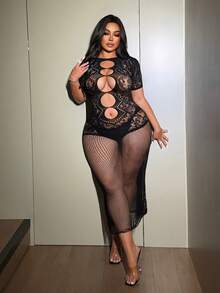 大码女士性感镂空网纱连衣裙 - 黑色 - 查看 4