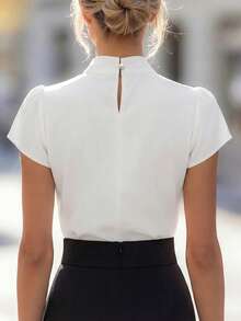 Balvessa New Arrival Spring/Summer Ruched Stand Collar Short Puff Sleeve Minimalist Solid Color Versatile Design Blouse For Women - White - View 2