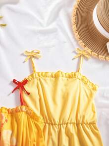 SHEIN Genkimix Kids Bộ 3 món cho bé gái tuổi teen, kiểu dáng thường ngày, họa tiết hoa và sọc, màu trơn, thích hợp cho gia đình nhiều con, đi biển, chơi ngoài trời và đi học. - Màu vàng - Xem 4