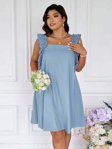 SHEIN Frenchy 大码夏季浪漫优雅荷叶边拼接连衣裙，适合海滩度假、婚礼季、浪漫约会 - 藍色 - 查看 5