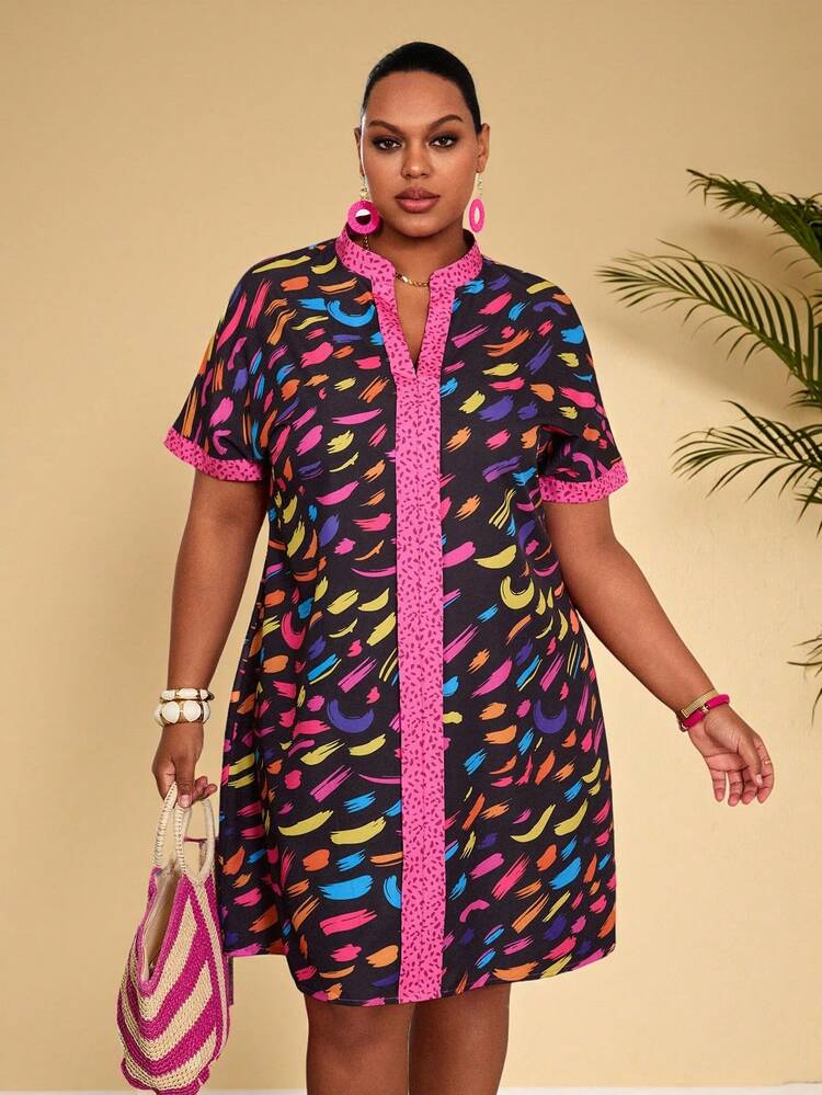 Plus Size Geometric Pattern Short Sleeve Dress, Summer\Vacation Bubu Dress African African Clothes For Women Bubu Dress For Ladies  Summer Dress  Summer Outfits Summer Clothes Spring Dress Spring Outfit Women Spring Clothing Country Style For Women Country Dress For Women Vacation Outfits Women  Festival Outfits For Women Beach Outfits For Women