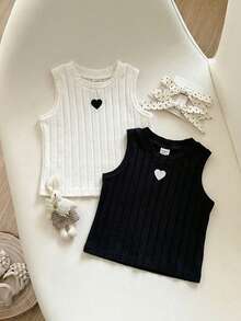 Emery Rose Kids Young Girl Heart Embroidery Ribbed Casual Round Neck Tank Top - Multicolor - View 4