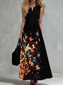 EMERY ROSE Đầm Maxi Không Tay Cổ Chữ V Thanh Lịch Thời Trang Cho Nữ Có Họa Tiết Bướm Và Chi Tiết Cắt Rách - màu đen - Xem 1