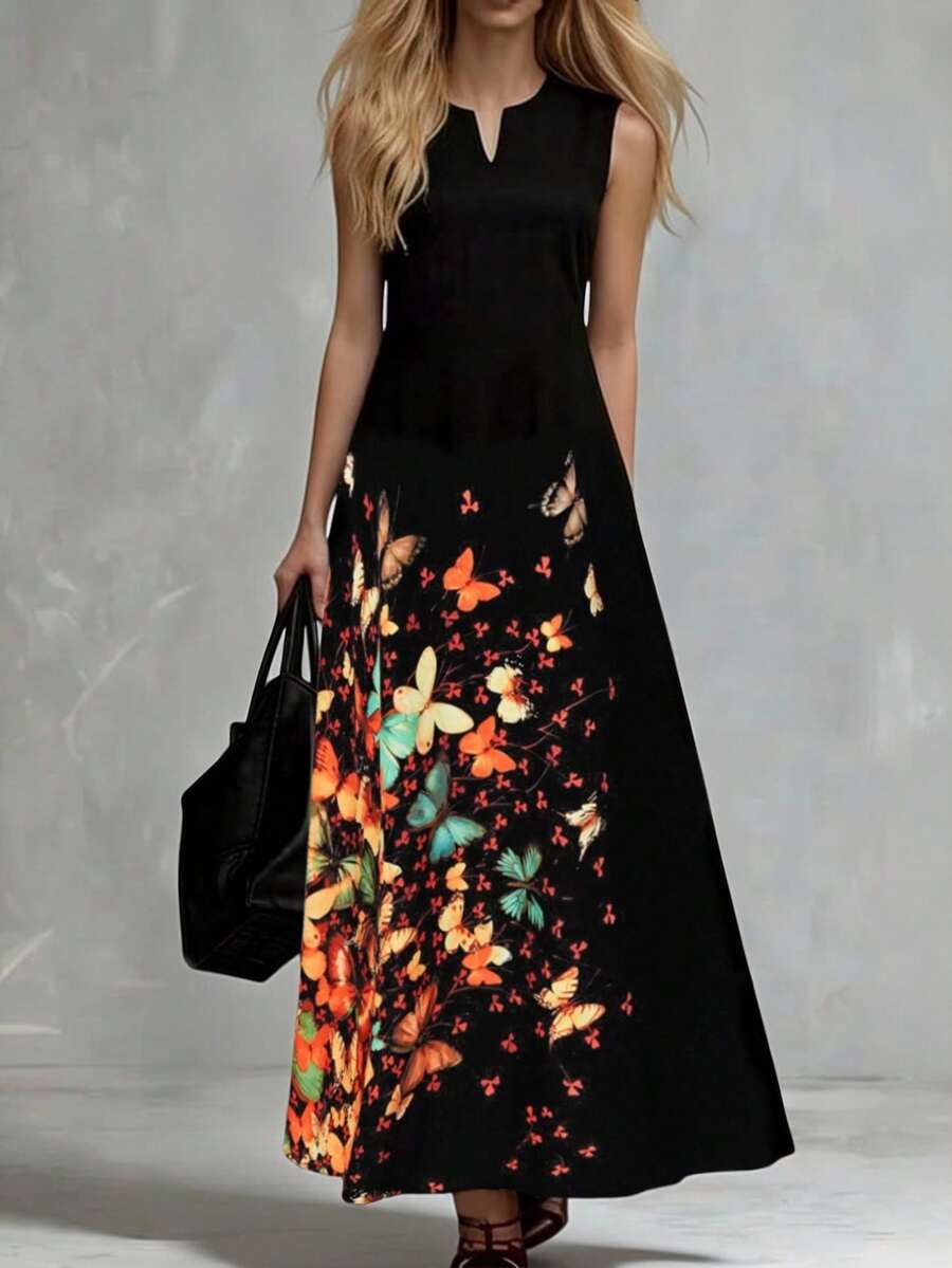 EMERY ROSE Đầm Maxi Không Tay Cổ Chữ V Thanh Lịch Thời Trang Cho Nữ Có Họa Tiết Bướm Và Chi Tiết Cắt Rách - màu đen - Xem 1