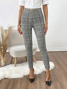 SHEIN Clasi 女士格子印花修身休闲裤 - 黑與白 - 查看 4