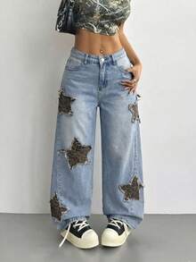 Jeans desgastados con estampado de estrella de estilo atlético y grunge para mujeres - Azul 3 - Ver 3