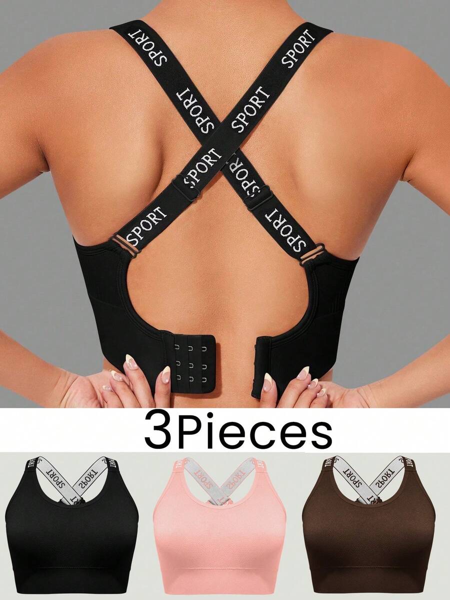Velisys 3pcs Letter Print Criss-Cross Back Sports Bra Set For Summer - Multicolor - View 1