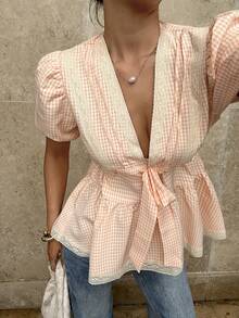 Pariaura 女士格子V领荷叶边花瓣袖衬衫 - 珊瑚粉 - 查看 3