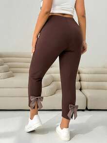 Plus Size Women Casual Commuter Minimalist Solid Color High Waist Bow Decor Slit Hem Skinny Ankle Pants - Chocolate Brown - View 1