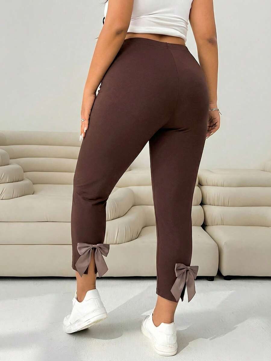 Plus Size Women Casual Commuter Minimalist Solid Color High Waist Bow Decor Slit Hem Skinny Ankle Pants - Chocolate Brown - View 1