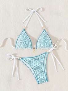 Swim Vcay Bộ đồ bơi mùa hè gợi cảm cho nữ, Bikini tam giác trang trí bằng vải rỗng màu xanh vỏ sò và ngọc trai - Màu xanh nhạt - Xem 7