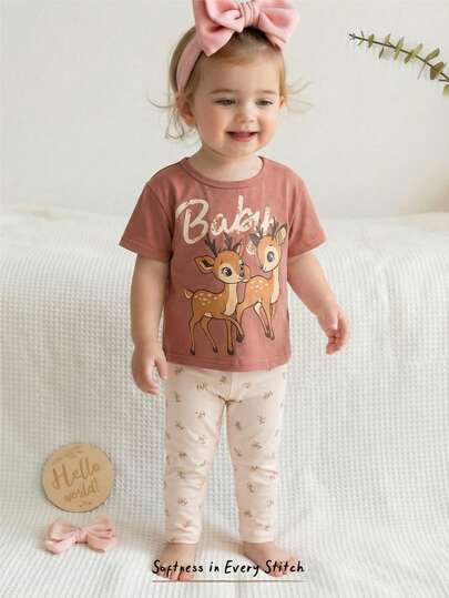 Cozy Pixies Set de 2 piezas de top de manga corta de cuello redondo suave de punto con estampado floral y pantalones de cintura elástica para niña bebé
