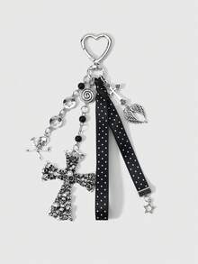 ROMWE 2 perles acryliques rondes personnalisées style Y2K, punk rétro gothique, avec motifs d'ailes de démon, d'étoiles, de crânes et de croix noires. Sangles avec rivets pour porte-clés, sacs à main, etc. Convient pour les femmes, les filles, les sœurs et les petites amies, pour un usage quotidien ou en cadeau. - Noir-25 - Voir 11