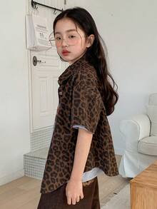 Dazy Kids Áo khoác dài tay cổ bẻ bằng vải denim họa tiết da báo cho bé gái tuổi teen, mùa thu. - màu nâu - Xem 2