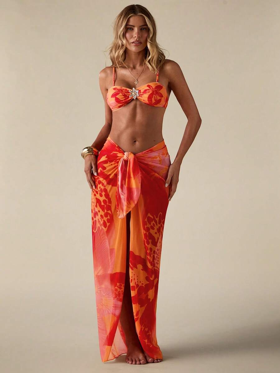 SHEIN BAE Bộ áo khoác ngoài và chân váy in họa tiết hoa dành cho nữ. - trái cam - Xem 1