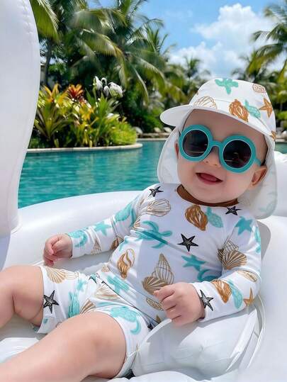 Nuevo traje de baño de moda para niños pequeños, conjunto de dos piezas con shorts y manga larga