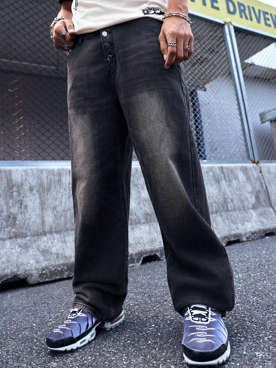 EVRINFINITE Manfinity Streetrush Men's Minimalist Denim Wide Leg Loose Casual Pants, Long Baggy Plain Black Washed Cargo Jeans, For Husband, Boyfriend Gifts Going Out Hang Out College Vacation Street - Black - View 1