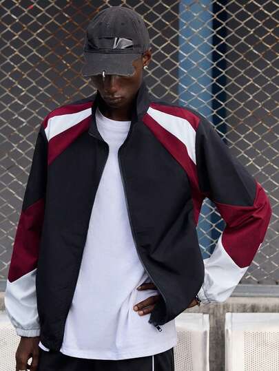 EVRINFINITE Aesthetic Post--Men's Long Sleeve Color Block Zipper Outdoor Windbreaker Jacket, Fall, Grunge