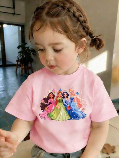 春夏休闲时尚创意可爱卡通公主花卉蝴蝶印花基础款短袖T恤，舒适日常穿着，适合女宝宝