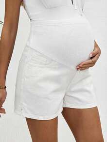 SHEIN Maternity Casual Patchwork Denim Shorts - White - View 7