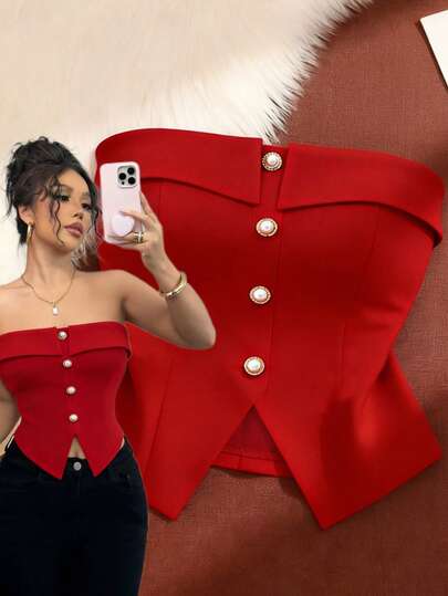 Elenzga Top tubo de punto rojo para mujer, con decoración de botones de perla, sexy y elegante para uso diario y citas