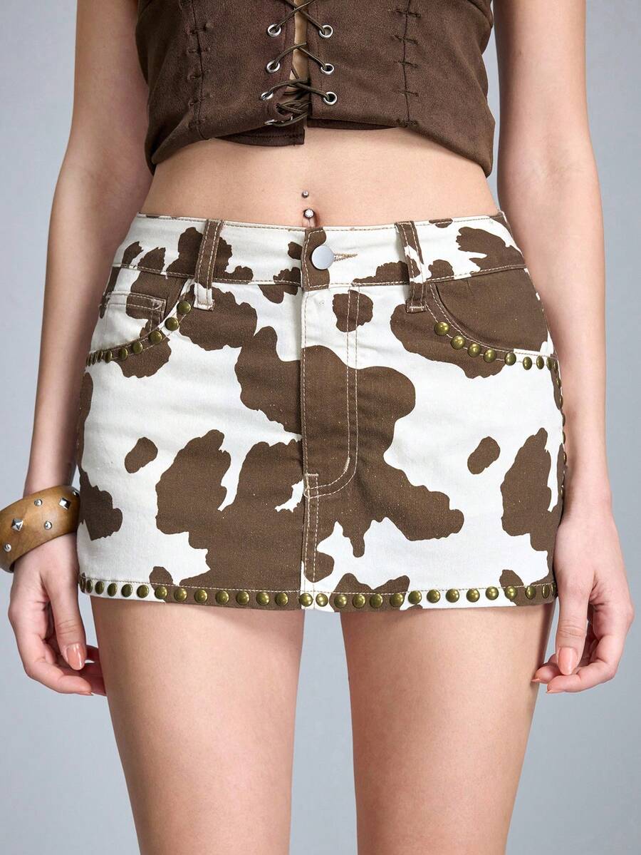 ROMWE Grunge Punk 复古超低腰女士西部牛仔风奶牛印花铆钉迷你牛仔裙 - 彩色 - 查看 1