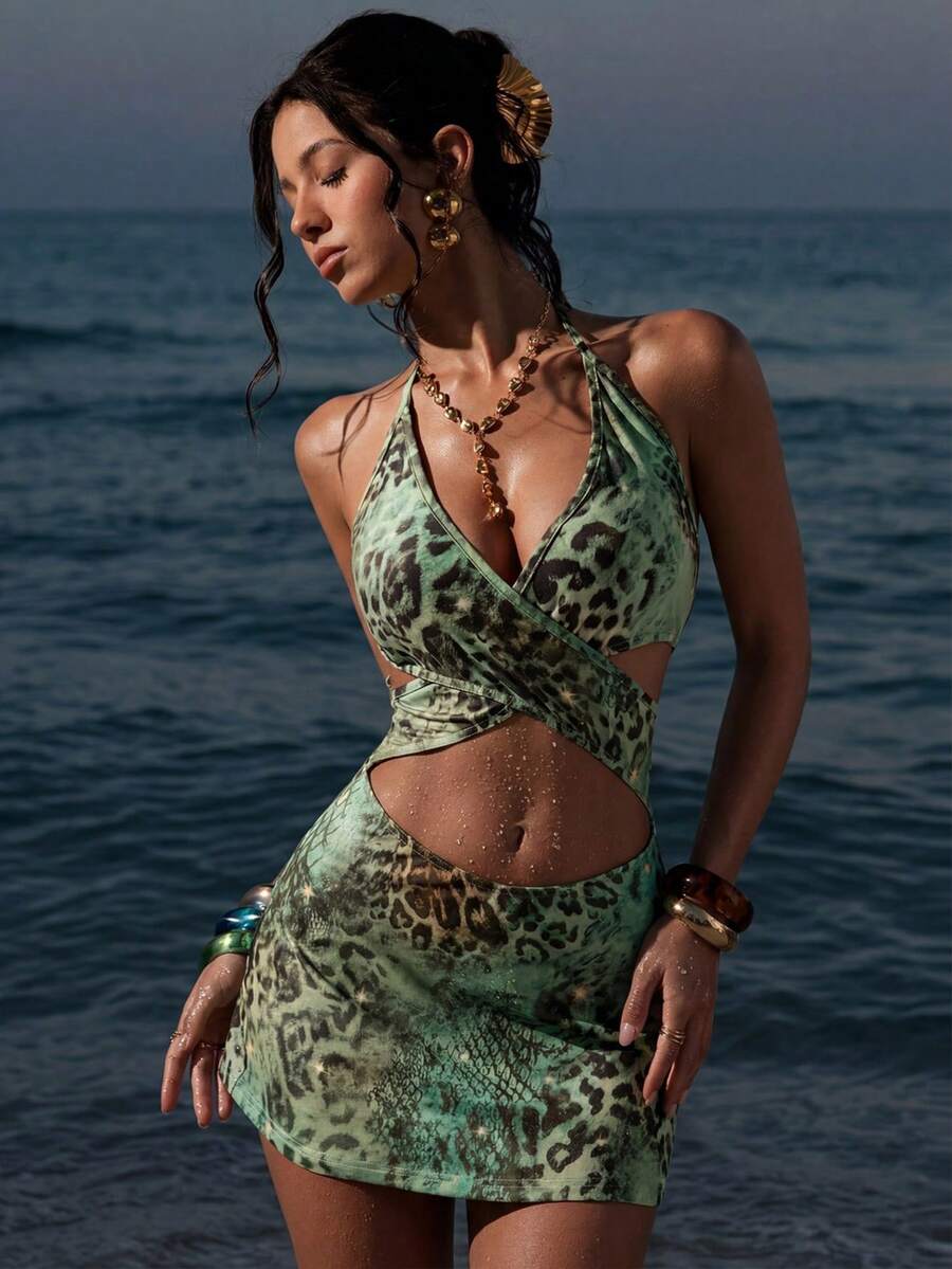 Optris Đầm ngắn dáng chữ A cổ chữ V hở lưng, xẻ tà, họa tiết da báo xanh lá cây, gợi cảm cho kỳ nghỉ hè, đi biển, dự tiệc, phong cách retro thường ngày đa năng. - Màu xanh Ô liu - Xem 1