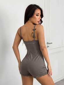 SHEIN PETITE 女士纯色蕾丝拼接吊带简约修身连体裤 - 灰色 - 查看 2