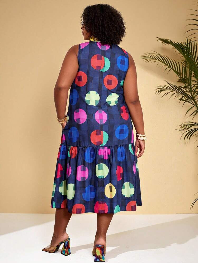 Plus Size Women Geometric Print Ruffle Hem Pockets Casual Sleeveless Dress Summer Dress  Summer Outfits Summer Clothes Spring Dress Spring Outfit Women Spring Clothing Floral Dress Floral Dresses For Women Beach Vacation Outfits For Women Vacation Dress Bohemian Polka Dot Dress Summer Holiday Outfits