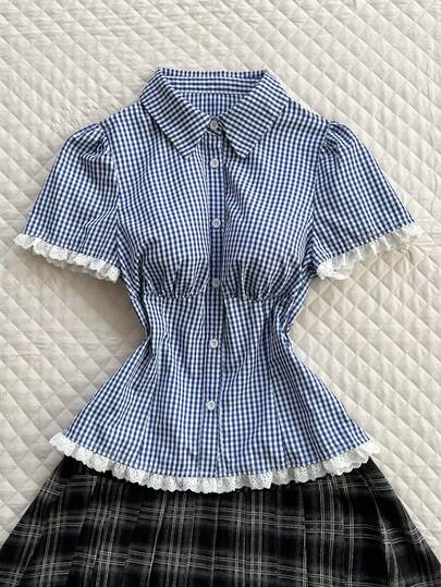 Elamini 女士蓝色格子短袖刺绣荷叶边拼接衬衫，甜美可爱学院风，时尚百搭的春夏休闲基础款，返校季必备