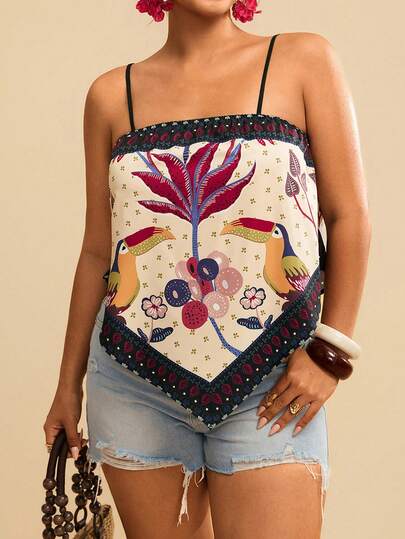 Travachic Áo hai dây dệt kim dáng rộng, vạt bất đối xứng, in họa tiết, thích hợp cho mùa xuân và hè, mùa hè cho nữ, đi biển cho nữ, trang phục phương Tây cho nữ, kỳ nghỉ xuân, đi xem hòa nhạc, phong cách Boho, tiệc tùng, kỳ nghỉ nhiệt đới, lễ hội, mùa hè lãng mạn, lễ hội âm nhạc.