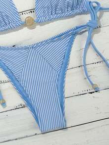 Swim Mod Sexig bikini med triangeltrosor och randig baddräkt för kvinnor i sommarstil - Blått och Vitt - Visa 4