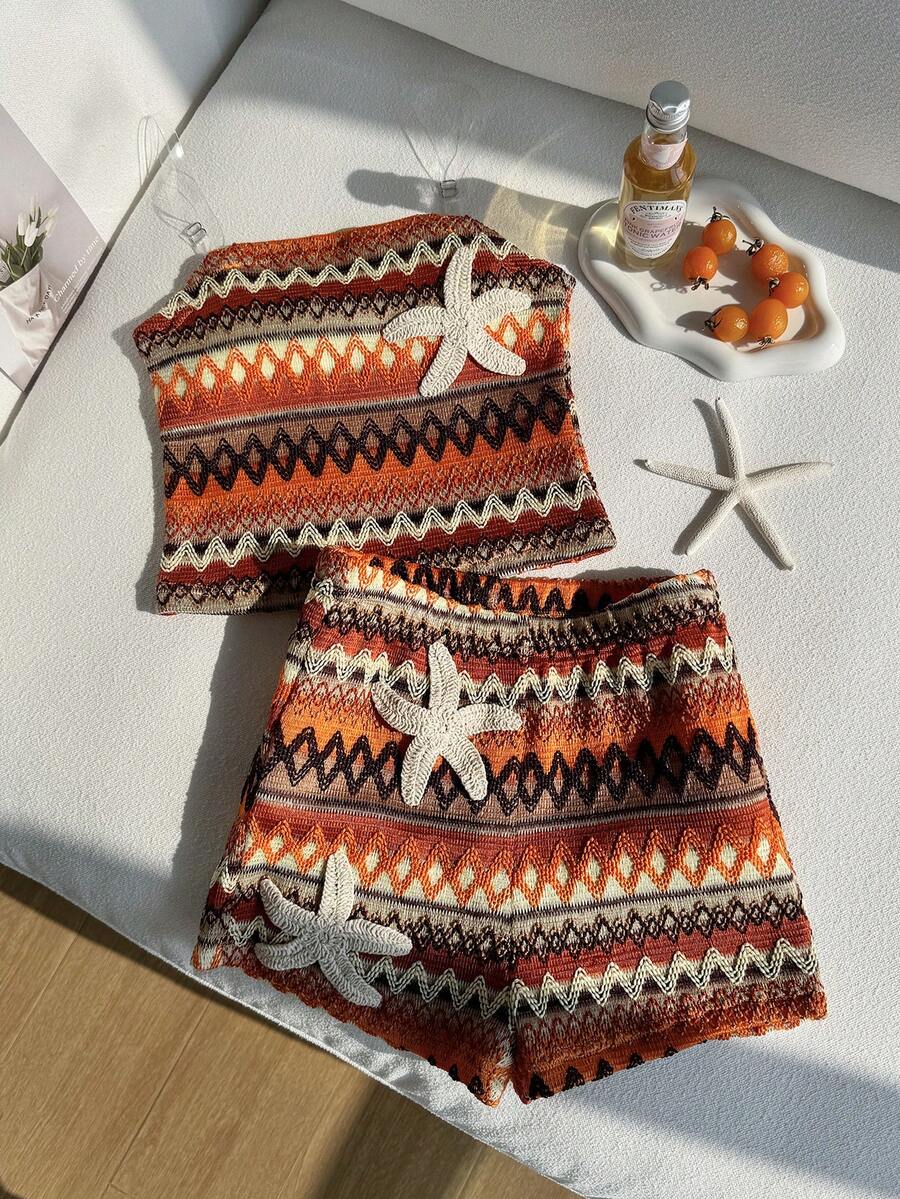 Set de 2 piezas de lencería a juego con estilo bohemio y rayas para niñas Y2K, top bandeau con textura de burbujas y bordado de estrella de mar 3D + panty tipo short, suave y dulce estilo de vacaciones en la playa, adecuado para el verano - Multicolor - Ver 1