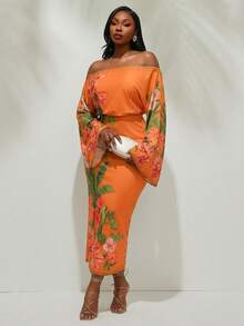 Radiana Đầm trễ vai in hoa dành cho nữ cỡ lớn, thích hợp cho kỳ nghỉ. - trái cam - Xem 7