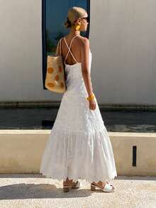 Livesso 海滩度假装扮，夏季白色纹理V领中长连衣裙，女士吊带裙 - 白色 - 查看 2