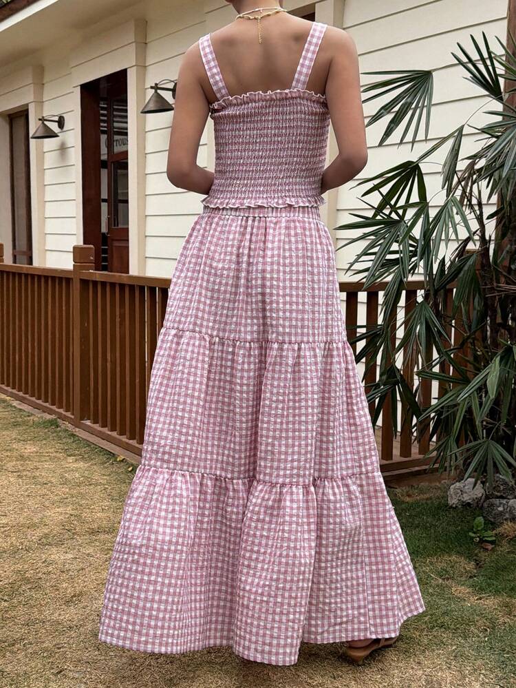 Beach Party Holiday Outfit, Summer Cotton Pink Plaid Blouse & Skirt 2 Pieces Set For Women Boho