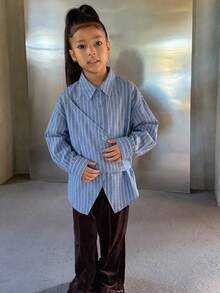 DAZY Tween Girls Turndown Collar Striped Long Sleeve Woven Shirt - Dusty Blue - View 4