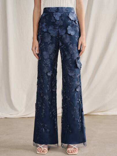 Anewsta Women's Elegant Gradient 3D Floral Print Wide Leg Palazzo Pants, Suitable For Spring/Summer, Navy Blue