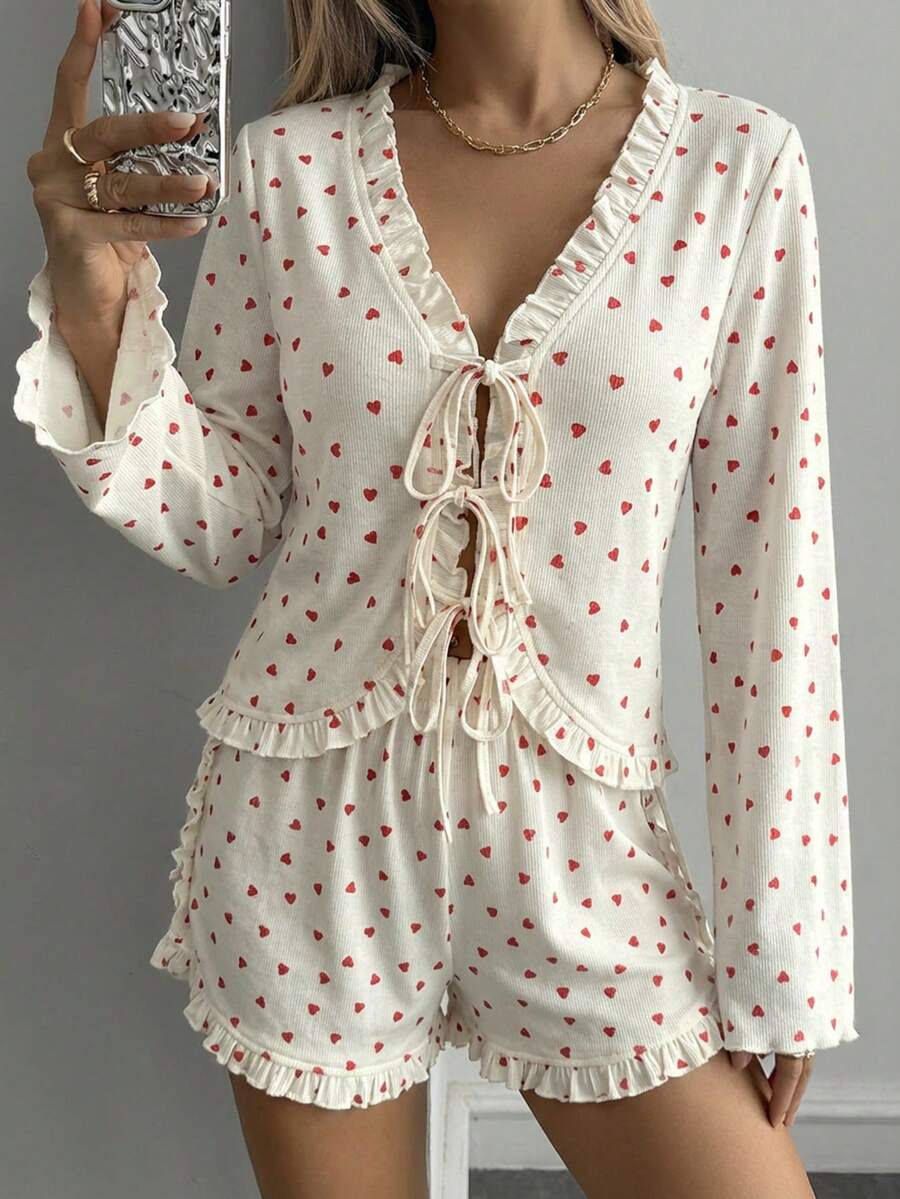 DAZY 2pcs/Set Women Heart Pattern Ruffle Trim Tied Crop Top & Shorts Pajama Set, Fall Winter Clothes - White - View 1