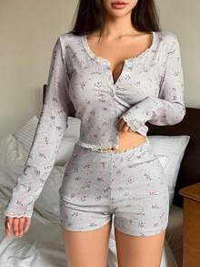 DAZY Lace Patchwork Ditsy Floral Fitted Pajama Set, Fall Winter Clothes - Grey - View 3