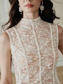 Anewsta Áo camo nữ không tay cổ voan mỏng phối hoa, kiểu dáng gợi cảm và thanh lịch, thích hợp cho tiệc tùng/dự tiệc mùa xuân/hè. - Màu be - Xem 2