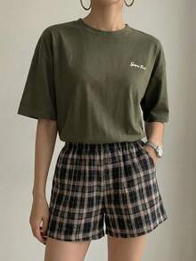DAZY Loose Fit Letter Print T-Shirt & Plaid Shorts Pajama Set, Outfits - Army Green - View 2