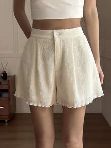 Livesso Women's Casual Solid Color Textured Shorts, Summer - Beige - View 5