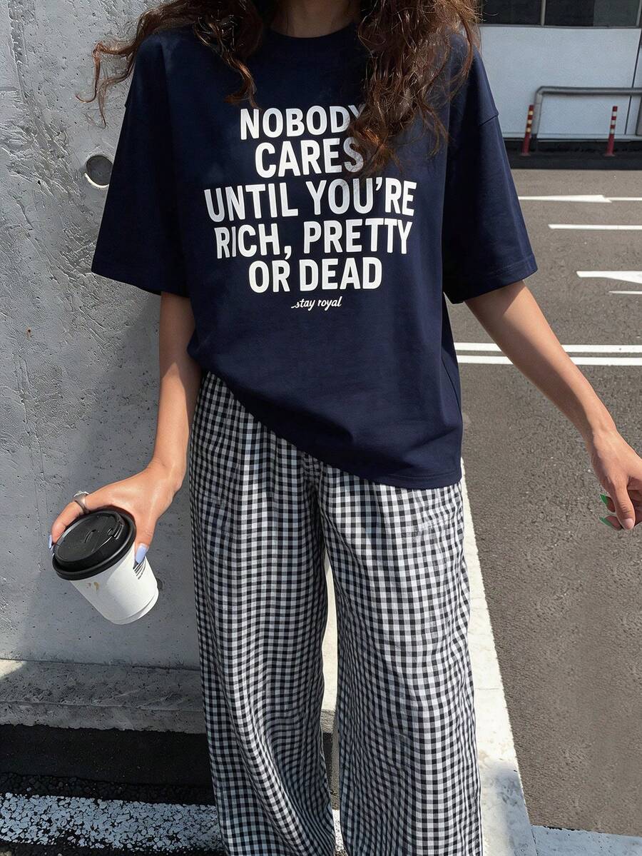 DAZY 2pcs Women's Letter Print T-Shirt Top And Plaid Loose Pajama Pants Set - Navy Blue - View 1