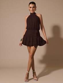 SHEIN BAE 无袖荷叶边下摆纯色迷你连衣裙，优雅甜美可爱修身款，适合浪漫约会、派对、正式聚会、伴娘礼服、夏季连衣裙、下午茶派对、新年、情人节、生日等场合，粉色连衣裙 - 咖啡棕 - 查看 3