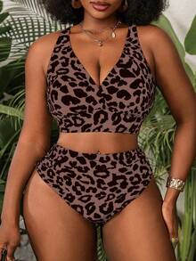 Slaydiva Plus Size Women's 2pcs Leopard Print V-Neck High Waist Triangle Bikini Swimwear - Multicolor - View 6